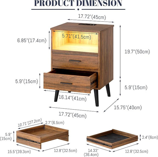 LVSOMT Brown Bedroom Nightstand with Charging Station and LED Lights, Modern Bedside Table with Hidded Drawer, Smart Night Stand with Open Storage Shelf, USB Port, Metal Legs
