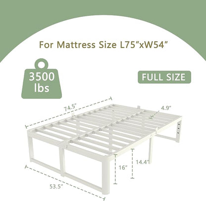 VYM 16 Inch Full Bed Frames, Platform Bed with Metal Gaskets, No Box Spring Needed, Anti-Slip Mattress Stopper, Heavy Duty Steel Slat Support 3500 LBS, Round Corner Leg, Easy Assembly, White