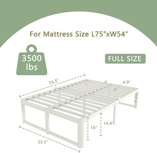 VYM 16 Inch Full Bed Frames, Platform Bed with Metal Gaskets, No Box Spring Needed, Anti-Slip Mattress Stopper, Heavy Duty Steel Slat Support 3500 LBS, Round Corner Leg, Easy Assembly, White