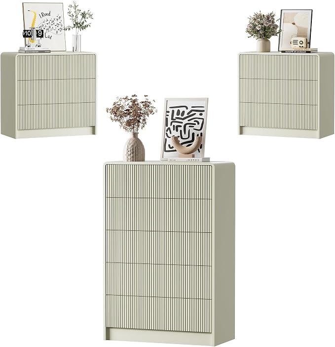 Furniway Bedroom Dresser Set 3 Piece, 5 Drawer Curved Dresser with 2 Nightstands, Modern Fluted Wood Storage Cabinet, White Chest of Drawers with Pop-Up Design, Beige