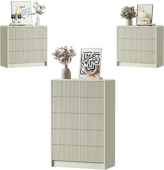 Furniway Bedroom Dresser Set 3 Piece, 5 Drawer Curved Dresser with 2 Nightstands, Modern Fluted Wood Storage Cabinet, White Chest of Drawers with Pop-Up Design, Beige