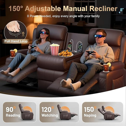 Loveseat Recliner Sofa, Home Theater Seating with Massage, 3 Seat Reclining Loveseats with Flip Backrest, Wall Hugger RV Couch Theater Chairs, RV Furniture Sofas with USB, Cup Holders for Gaming Room