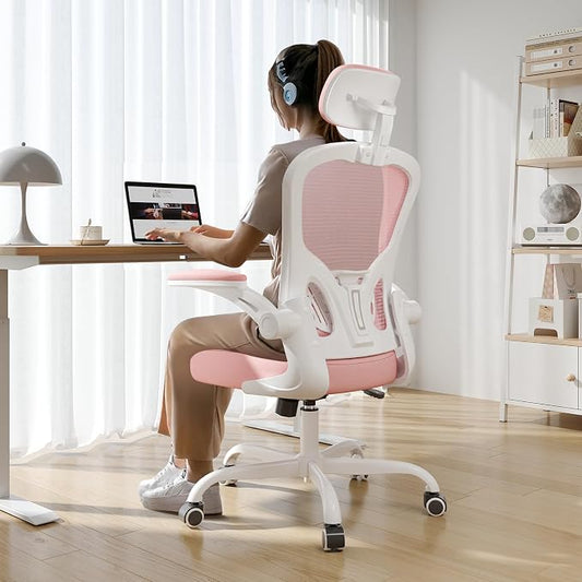 Office Chair Ergonomic Desk Chair, 330LBS Capacity, High Back Computer Design for Long Hours Comfort, Rolling Swivel Executive Task for Home Office with Flip-up Armrests, White Pink