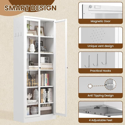 Metal Pantry Cabinet, 72" Kitchen Pantry Cabinet with 2 Doors and 5 Adjustable Shelves, White Steel Storage Cupboard for Dining, Office, Living Room, Bathroom