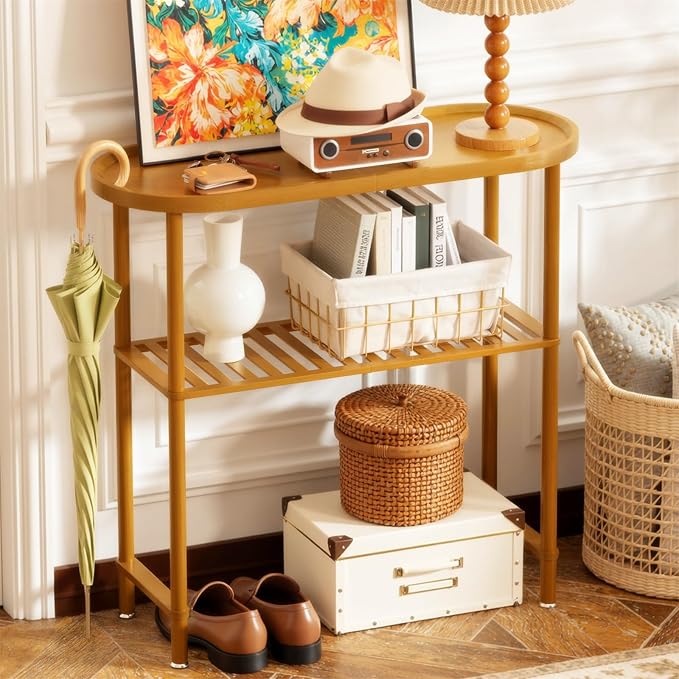 Small Entryway Table Bamboo, Narrow Hallway Table 2-tier, Slim Console Table with Anti-fall Edge, Sofa Side Table 5min Assembly, Small TV Stand, Plant Stand, Walnut, 30.7"L x 11.8"W x 29.7"H
