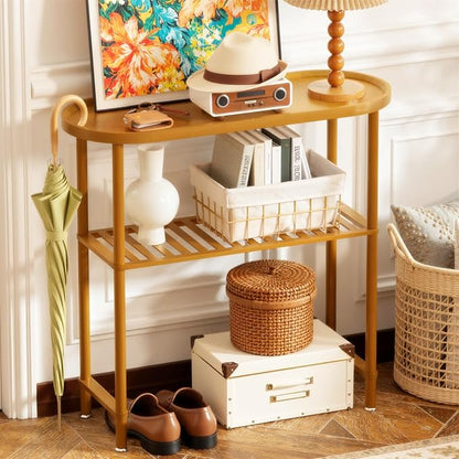 Small Entryway Table Bamboo, Narrow Hallway Table 2-tier, Slim Console Table with Anti-fall Edge, Sofa Side Table 5min Assembly, Small TV Stand, Plant Stand, Walnut, 30.7"L x 11.8"W x 29.7"H