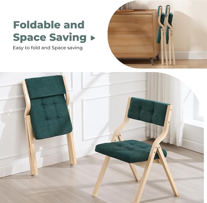 4-Pack Folding Dining Chairs with Cushion,Padded Foldable Dining Chairs,Portable Wooden Folding Chairs with Tufted Buttons Seat for Dining Rooms Kitchen Wedding and Party Indoor Green