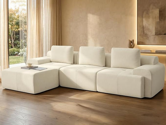 122" L Shaped Oversized Boneless Couch, Comfort Cloud Sectional Couches for Living Room, Modular Sofa High Back & Extra Deep Seat, No Assembly, Chenille (Warm White, 122 inch-L Shaped（3+1）)