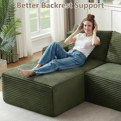 96" Cloud Sectional Couch U-Shaped Chaise with Ottoman, Corduroy Boneless Couch for Living Room Bedroom, Deep-Seat Upholstered Modular Cloud Sofa, No Assembly Required (Green, Left Facing Chaise)