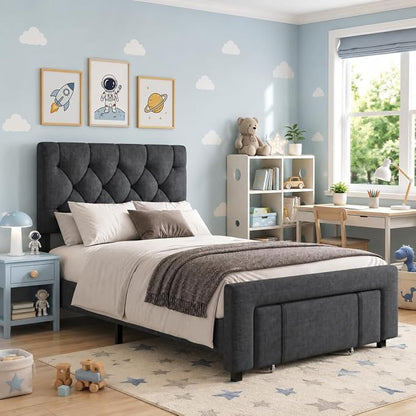 GarveeHome Twin Size Bed Frame, Upholstered Platform Bed Frame with Storage Drawers, Mattress Foundation with Solid Wooden Slats Support, No Box Spring Needed, Grey