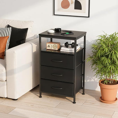 Sweetcrispy Nightstand with Charging Station, Bedside End Table with 3 Fabric Drawers, USB & Type-C Ports with AC Outlets, Adjustable Feet & Dimmable LED Light Strip, Modern Bedroom Furniture, Black