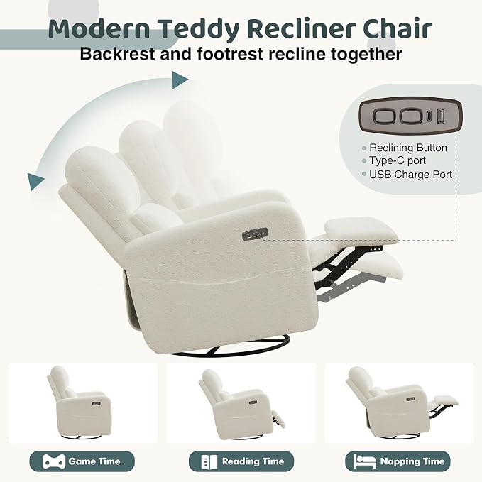 Power Swivel Rocker Recliner, Oversized Boucle Nursery Glider Recliner, Teddy Swivel Rocking Reclining Chair with Removable Cushion and Lumbar Support for Nursery Living Room Bedroom, White