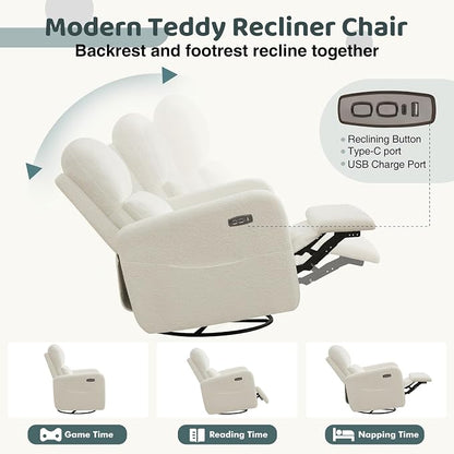 Power Swivel Rocker Recliner, Oversized Boucle Nursery Glider Recliner, Teddy Swivel Rocking Reclining Chair with Removable Cushion and Lumbar Support for Nursery Living Room Bedroom, White