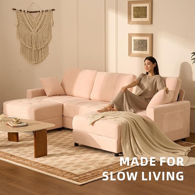 112" U Shaped Modular Cloud Sectional Couch, Waffle Fabric, Pink | Modular Deep Seat Sofa, Movable Ottoman, Pocket Spring Cushions, 2-Box Delivery, Living Room Lounge Use, Not Boneless