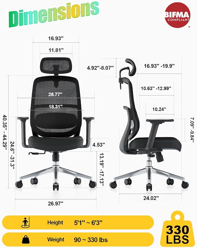Ergonomic Office Chair, Home Office Desk Chairs, 3D Lumbar Support High Back Desk Chair, Comfortable Computer Chair & Gaming Chair for Office & Home - Black