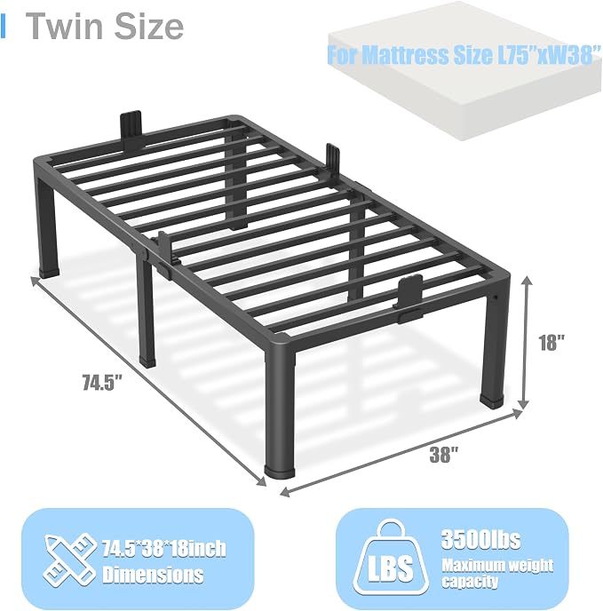 Yitong Angel 18 inch Twin Bed Frame with Round Corner Legs Mattress Slide Stopper,3500 lbs Heavy Duty Metal Platform,No Box Spring Needed,Steel Slat Support,Easy Assembly,Noise Free