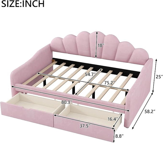 Merax Modern Upholstered Platform Bed Frame with Shall Shaped Backrest & Storage Drawers, Velvet Low Sofa Day Bed, No Box Spring Needed/Easy Assemble/Full,Pink
