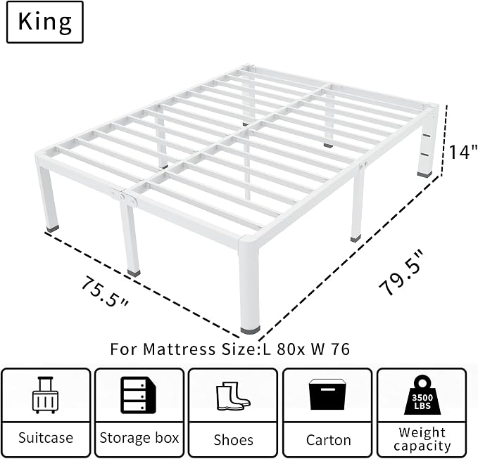 ROIL 14 Inch White King Bed Frame with Rounded Corner and Headboard Hole Mattress Retainers 3500LBS Heavy Duty Steel Slats No Box Spring Needed Platform Noise-Free Easy Assembly