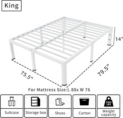 ROIL 14 Inch White King Bed Frame with Rounded Corner and Headboard Hole Mattress Retainers 3500LBS Heavy Duty Steel Slats No Box Spring Needed Platform Noise-Free Easy Assembly