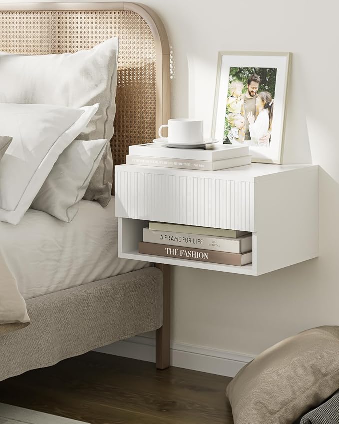 Modern Small Nightstand with Drawer, Floating Shelves for Bedroom, Bathroom (White Stripe)