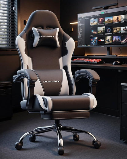 Dowinx Ergonomic Gaming Chair with Footrest & Massage Lumbar, 2D-Linkage Armrests for Computer Chair 330lbs with Headrest Pillow for Office, Home, Streaming and Long Gaming Sessions, White