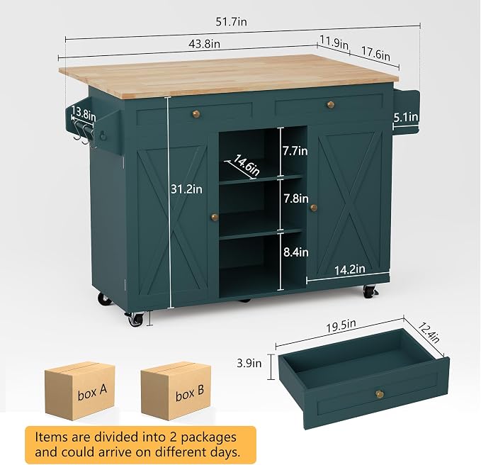 HLR Kitchen Island On Wheels, Dark Green Rolling Kitchen Islands Cart with Drop Leaf Countertop, Barn Door Kitchen Island with Storage Cabinet and Tower Rack, Island Table for Kitchen