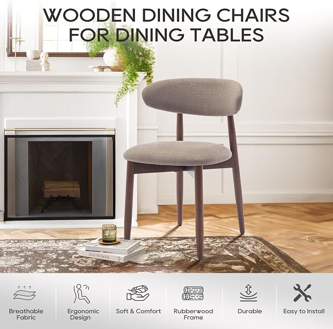 COLAMY Wooden Dining Chairs Set of 6, Modern Fabric Upholstered Kitchen Side Chairs, Farmhouse Dining Room Chair with Foot Pegs, Camel
