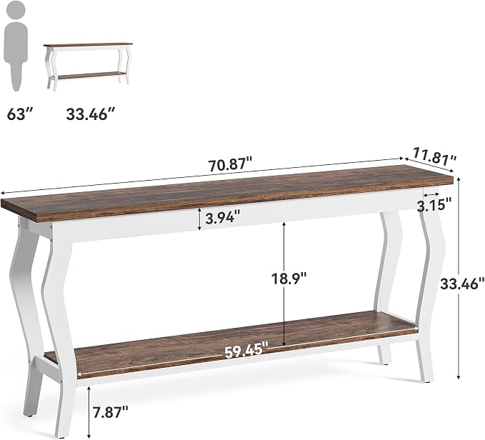 LITTLE TREE 70.9 Inches Long Console Table, 2-Tier Vintage Wooden Sofa Table Behind The Couch with Metal Legs for Hallway, Entryway, Living Room, Brown & White
