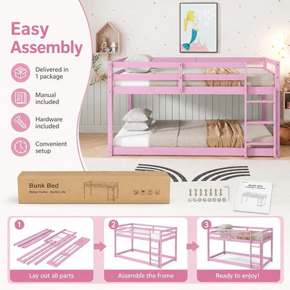 Twin Over Twin Bunk Bed, Low Profile Wooden Frame for Kids Bedroom, Floor Bunk with Ladder and Guardrails, Rubber Wood Construction, 13 Plywood Slats, No Box Spring Needed (Pink)