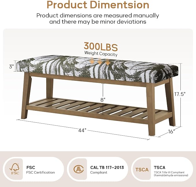Zihanhome Entryway Shoe Bench with Cushion, End of Bed Bench,Upholstered Bench for Kitchen, Bench with Solid Wood Shelf, Fabric Ottoman Bench for Hallway, Living Room (Textured Green)