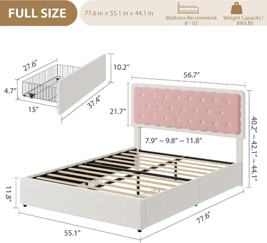 Garvee Full Size Velvet Upholstered Bed with Biscuit Shaped Headboard, 2 Drawers, Wood Slats, No Box Spring Needed, Easy Assembly – Cream White & Pink