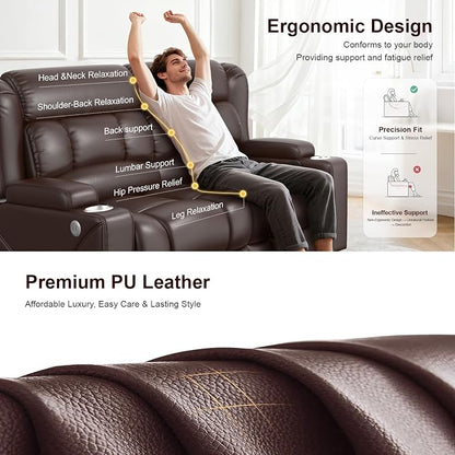 RV Loveseat Recliner Sofa, PU Leather RV Reclining Loveseat with USB Charge Ports, Cup Holders, 2 Seater Manual Pull Tab Recliner Sofa Couches for Living Room/RV, Brown