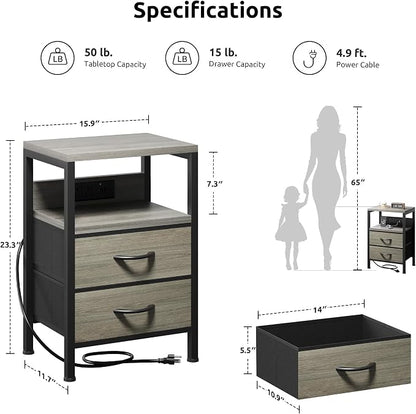 Lazzanto NightStand Bedside Charging Table Bedroom - Night Stand with Charger Station, Modern Nightstand with Open Shelf & 2 Fabric Drawers, End Table with USB-C USB Ports & AC Outlets for Dorm, Grey