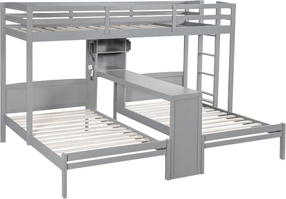 VilroCaz Twin Over Twin & Twin Bunk Bed with Built-in Desk and Storage Shelves, 3 Beds in 1 Design Solid Wood Triple Bunk Bed with Reading Lamp and Guardrails for Kids Teens Aldults (Gray-2.14)