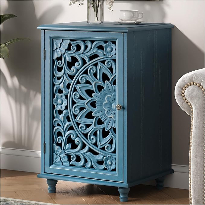 JOINICE Accent Cabinet with Hand-Carved Door for Living Room/Bedroom | Hand-Carved Floral Design, Farmhouse/Rustic Style, Space-Saving, Sofa Table, Solid Wood Legs, Adjustable Shelf, Easy Assembly