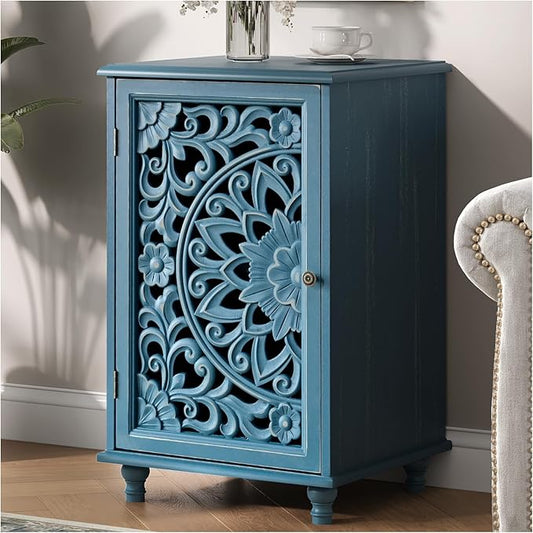 JOINICE Accent Cabinet with Hand-Carved Door for Living Room/Bedroom | Hand-Carved Floral Design, Farmhouse/Rustic Style, Space-Saving, Sofa Table, Solid Wood Legs, Adjustable Shelf, Easy Assembly