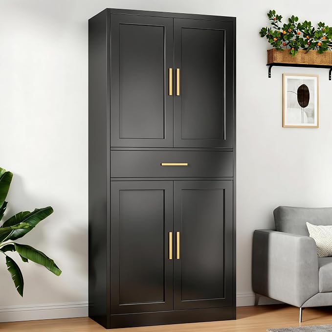 71” Tall Kitchen Pantry Cabinet, Metal Storage Cabinet with 1 Drawer and 2 Adjustable Shelves for Kitchen, Living Room, Laundry Room