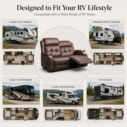 Reclining Loveseat, 55.1" RV PU Leather Wall Hugger Recliner Love Seats Sofa with USB-A/Type C Charging Station, Cup Holder, Double Recliners Couch, Manual Love Seat for RV & Gaming Room