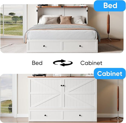 PUREMIND Murphy Bed Queen, Farmhouse Frames Cabinet Beds Chest with Charging Station & Storage Drawers, Convertible Hideaway Cabinet Bed for Guest Room, White, Without Mattress
