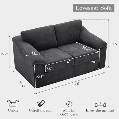 Boneless Loveseat Sofa, Modern Cloud Couch with Deep Seat, Thick Cushion and Curved Armrests, Upholstered Sofa for Living Room, No Assembly Required, Dark Gray