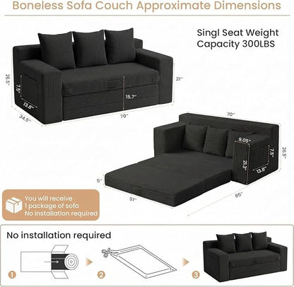 Boneless Couch Sofa Bed, 70'' Convertible Tri-Folding Futon Sleeper with Handle & Side Pockets, Pull Out Couch Bed with Hook and Loop No Assembly for Small Space,Living Room & Bedroom