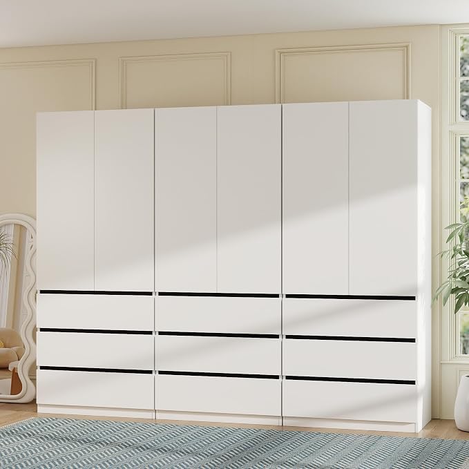 Vrmuxita White Armoire Wardrobe Closet: 75" Large Wardrobe Closet with 6 Doors, Modern Bedroom Armoires with 9 Drawers, Tall Wood Closets for Hanging Clothes