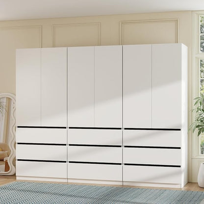 Vrmuxita White Armoire Wardrobe Closet: 75" Large Wardrobe Closet with 6 Doors, Modern Bedroom Armoires with 9 Drawers, Tall Wood Closets for Hanging Clothes