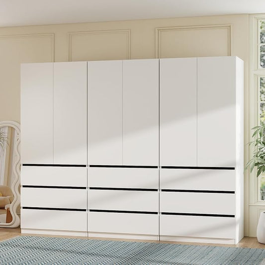 Vrmuxita White Armoire Wardrobe Closet: 75" Large Wardrobe Closet with 6 Doors, Modern Bedroom Armoires with 9 Drawers, Tall Wood Closets for Hanging Clothes