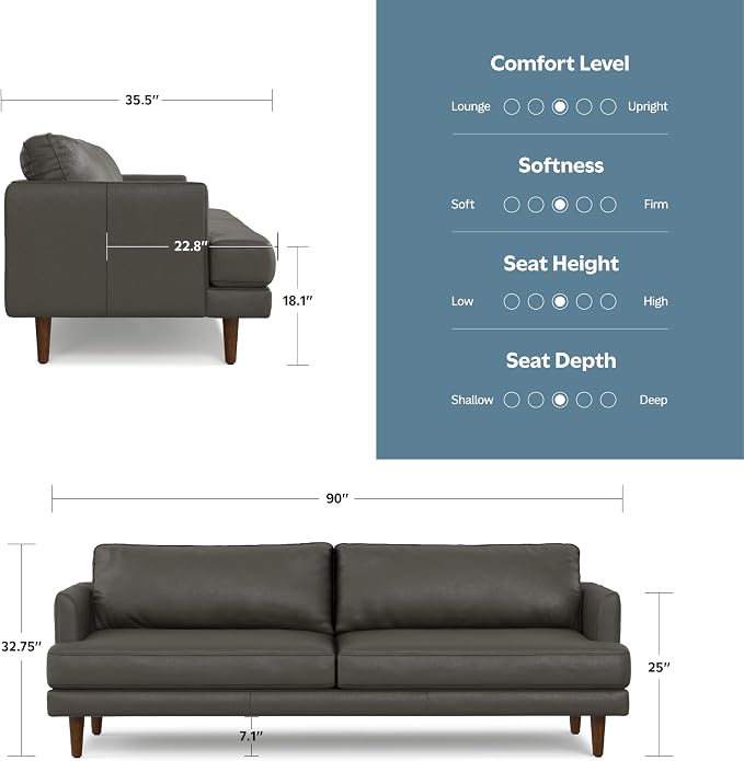 SIMPLIHOME Livingston 90-inch Wide Sofa in Charcoal Grey Woven-Blend Fabric, Handcrafted Mid-Century Modern Oversized 3-Seater Couch Sofa for Living Room or Family Room, Solid Wood Frame