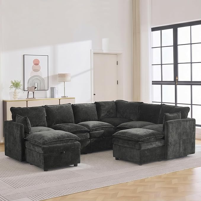 105" Dark Grey Modular Storage Sofa, U Shaped Chenille Couch with Ottoman | Oversized Convertible Sectional Sofa, 6-Seat Sectional Couch With 2 Ottomans, Large Cloud Couch For Living Room, Apartment.