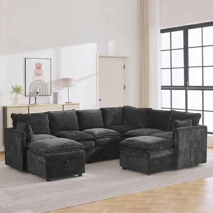 105" Dark Grey Modular Storage Sofa, U Shaped Chenille Couch with Ottoman | Oversized Convertible Sectional Sofa, 6-Seat Sectional Couch With 2 Ottomans, Large Cloud Couch For Living Room, Apartment.