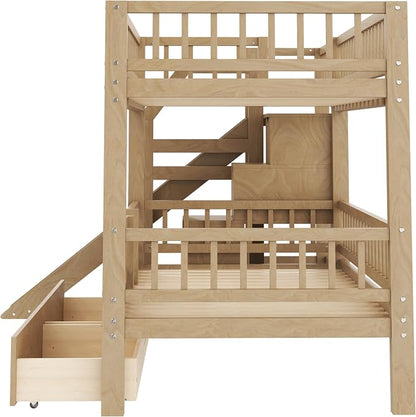 RUNNA Twin Over Twin Bunk Bed with Slide,Storage Drawers,Walnut | Built for kids who play hard and parents who hate clutter. Sturdy wood, safety rails & easy-access drawers—one bed, zero mess
