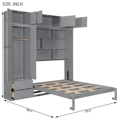 Murphy Bed Queen Size,Murphy Bed with Top Cabinet and Shelves,Space-Saving Multifunctional Hideaway Wall Foldable Bed w/Slat Support,Bedroom Folding Bedframe for Guest Room,Gray
