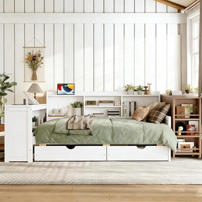 Bellemave Twin Size Corner Bed Frame with Storage Drawers and Desk,Captain L-Shaped Daybed with Bookcase,Corner Bed Frame Twin Size with Charging Station for Kids,Teens,Guests,White